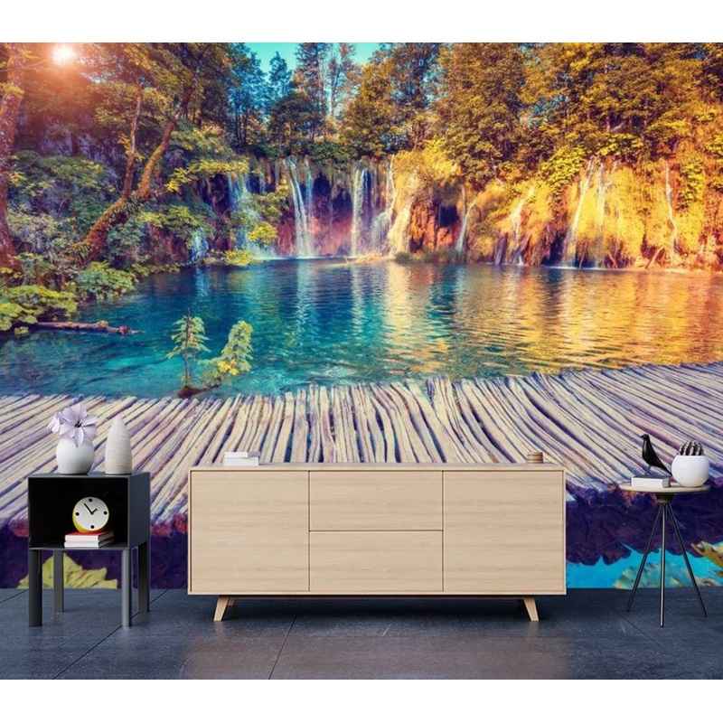 Wallpaper Murals Peel and Stick Removable Stunning Lake with Small Waterfalls with Wooden Pier High Quality