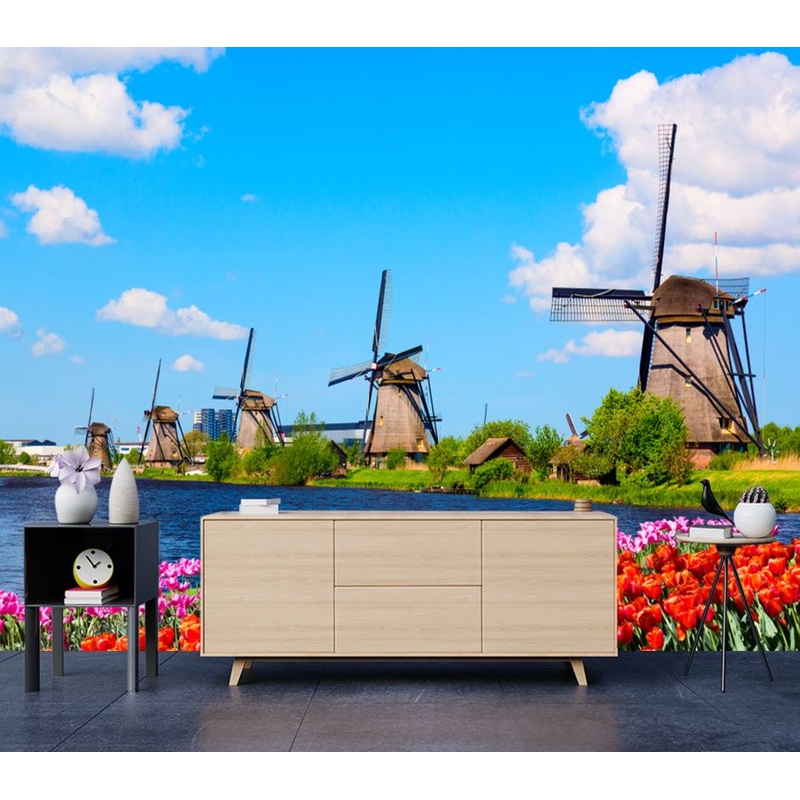 Wallpaper Murals Peel and Stick Removable Windmills Near Flower Field High Quality