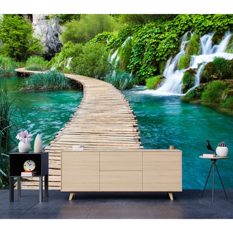 Wallpaper Murals Peel and Stick Removable Wooden Pier Near Waterfall High Quality