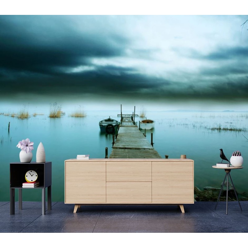 Wallpaper Murals Peel and Stick Removable Wooden Pier Over Lake High Quality