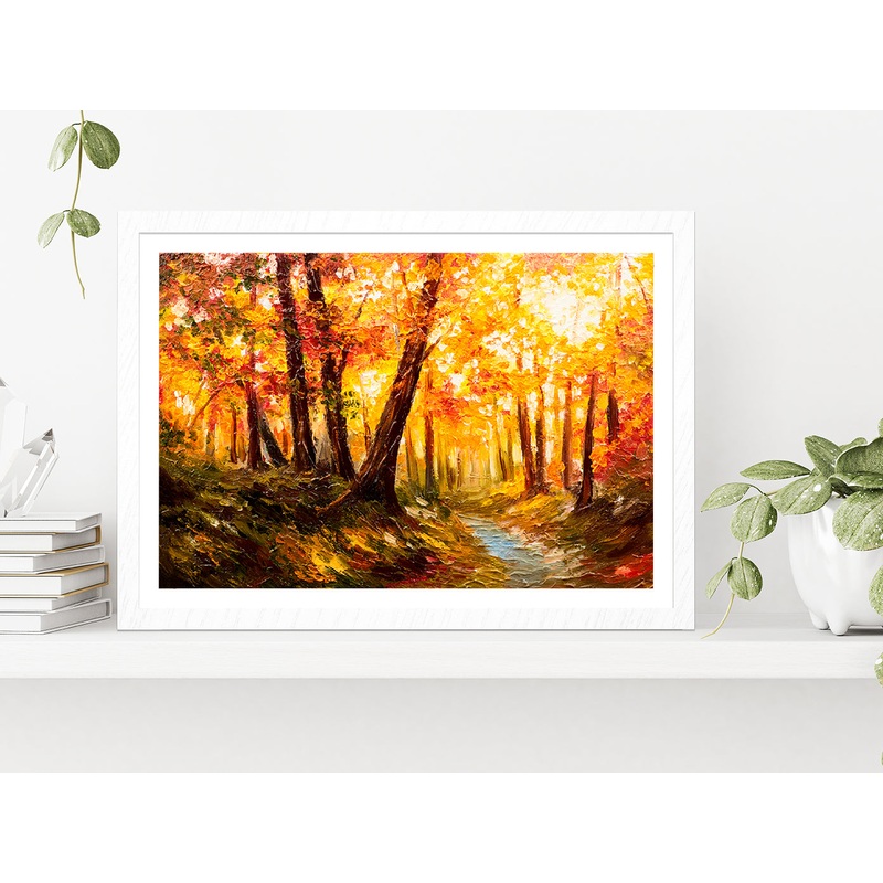 Autumn Forest Oil Painting Glass Framed Wall Art, Ready to Hang Quality Print