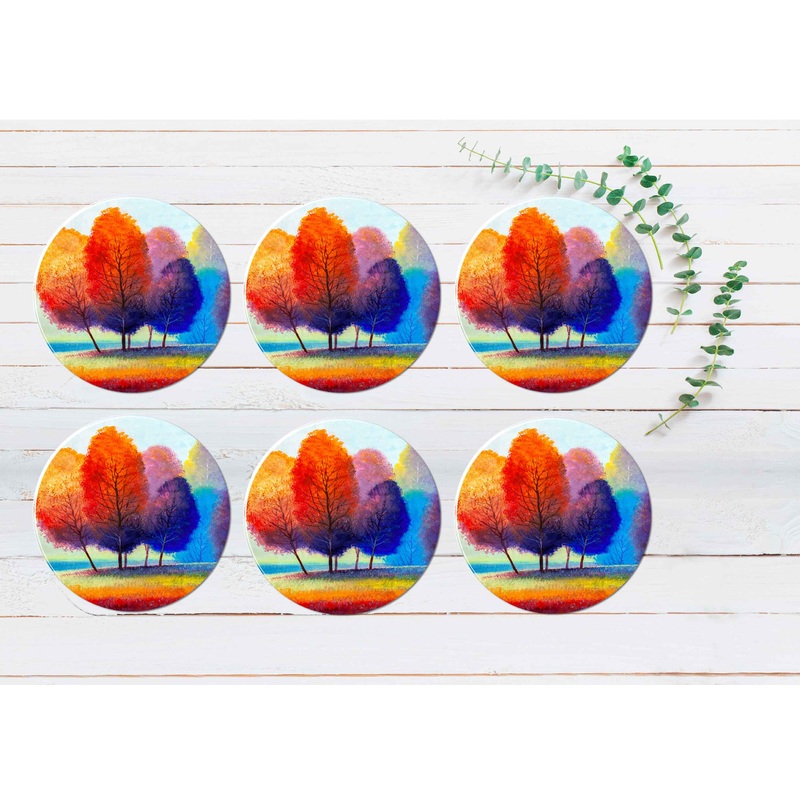 Autumn River Painting Coasters Wood & Rubber - Set of 6 Coasters