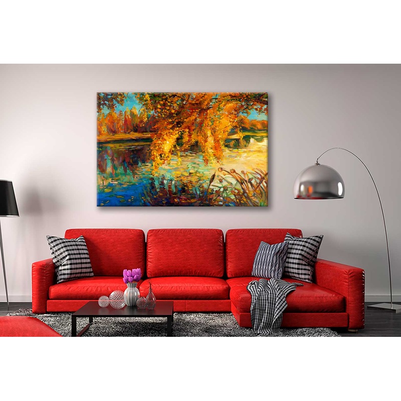 Bella Home Autumn Forest With Sunset On Lake Print Canvas Ready to hang