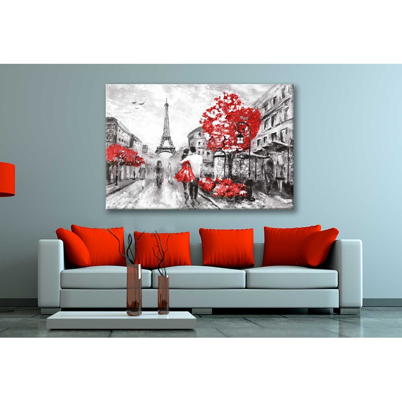 Bella Home B&W Eiffel Tower, Red Trees & Couple Print Canvas Ready to hang