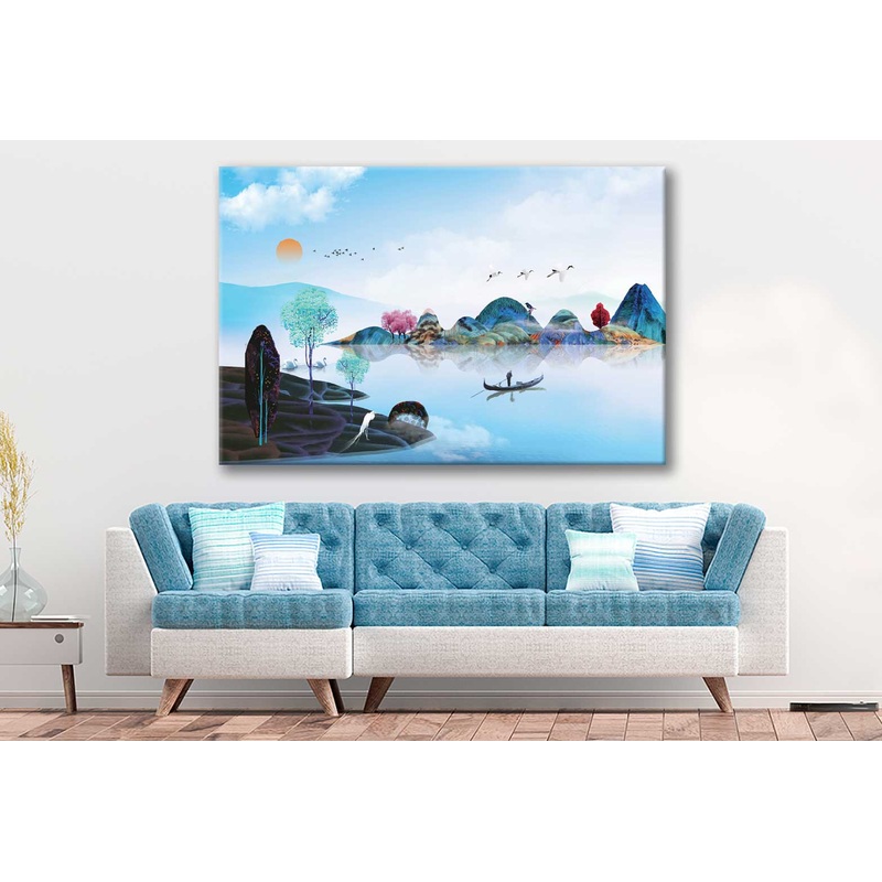 Bella Home Boat on Lake 3D Mural Landscape Print Canvas Ready to hang