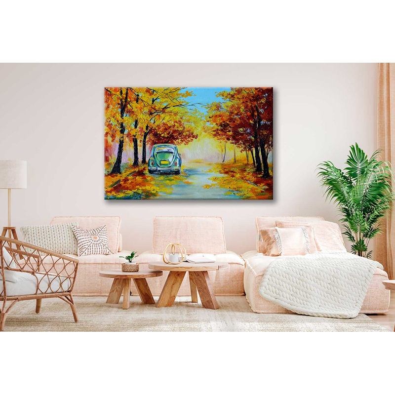Bella Home Car in The Autumn Forest Road Painting Print Canvas Ready to hang