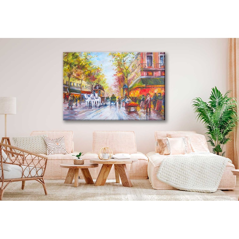 Bella Home City & Horse Cart Oil Painting Print Canvas Ready to hang