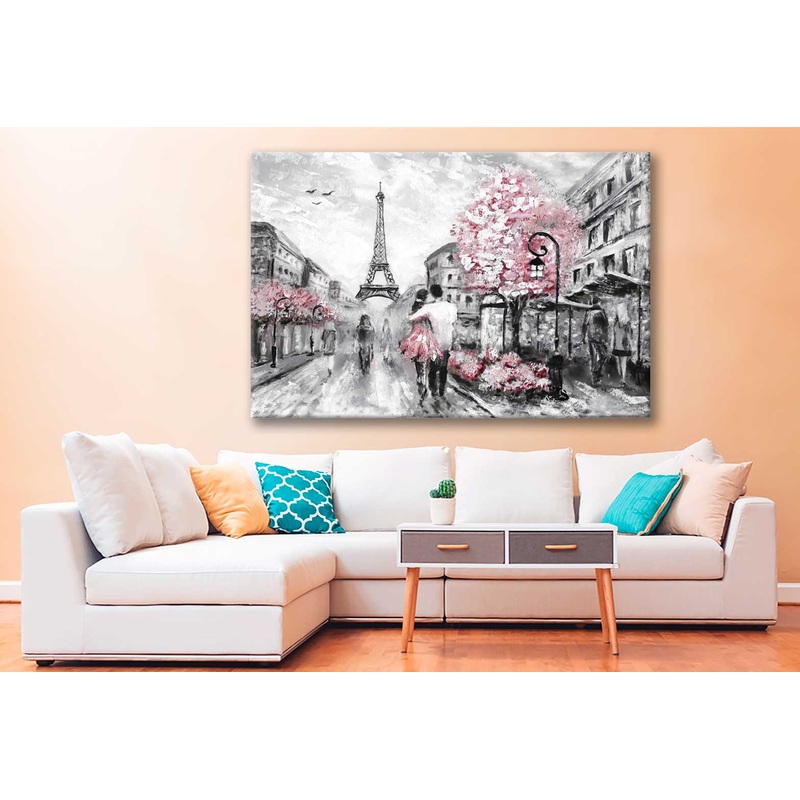 Bella Home Couple Painting Walking Near Eiffel Tower Print Canvas Ready to hang