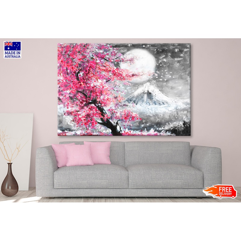 Blossom Pink Trees near Snow Mountain Painting Wall Art Limited Edition High Quality Print