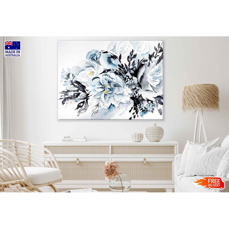 Blue White Flower with Leaves Watercolor Painting Print 100% Australian Made