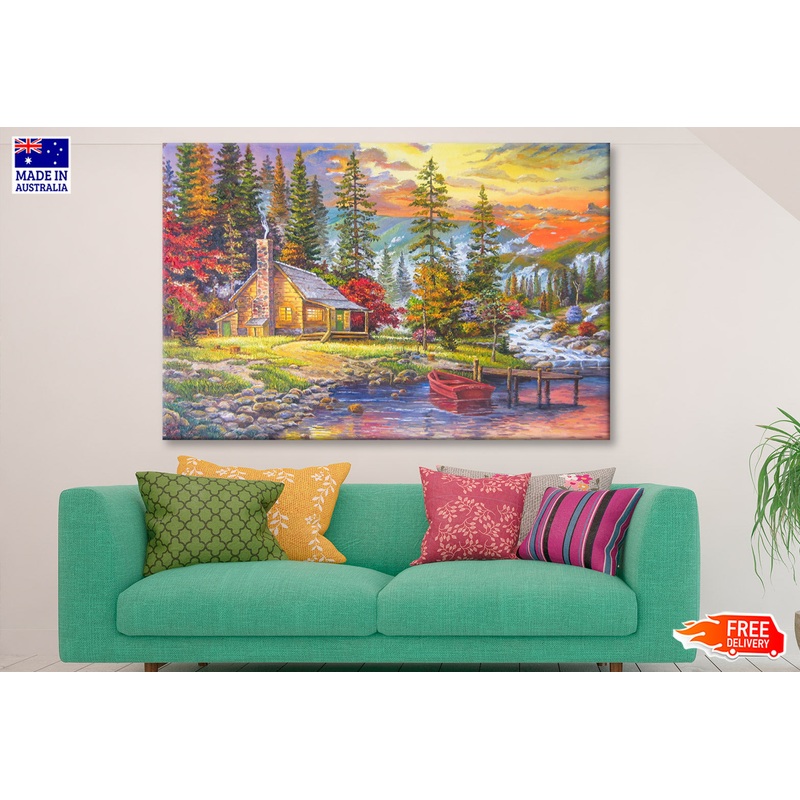 Boat on Lake near House & Forest Trees Oil Painting Wall Art Limited Edition High Quality Print