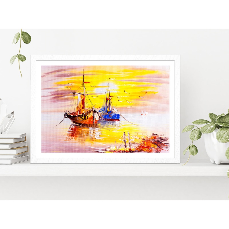 Boats On Sea Oil Painting Glass Framed Wall Art, Ready to Hang Quality Print