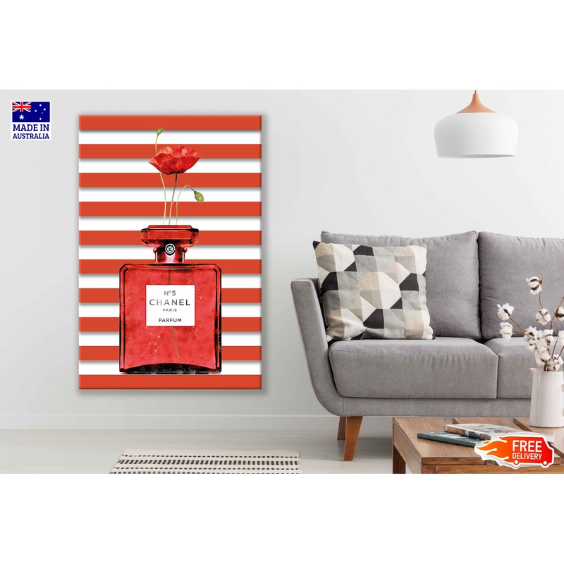 Perfume Bottle & Red Flower with Red Stripes Background Watercolor Painting Print 100% Australian Made