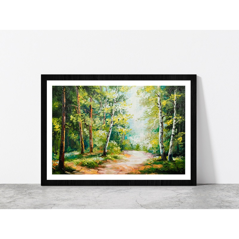 Summer Forest Oil Painting Glass Framed Wall Art, Ready to Hang Quality Print