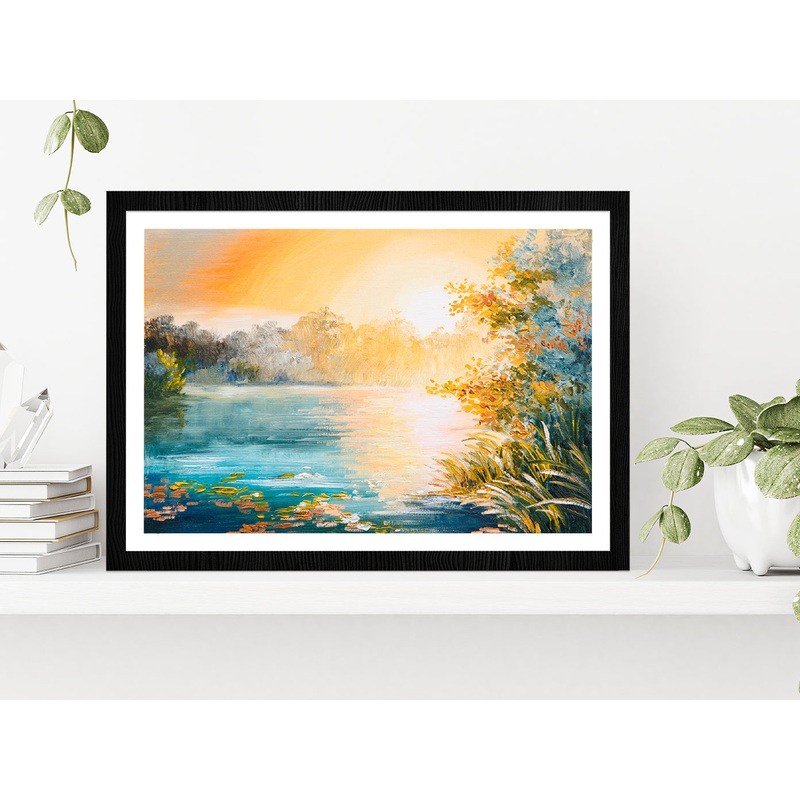 Sunset On The Lake Painting Glass Framed Wall Art, Ready to Hang Quality Print