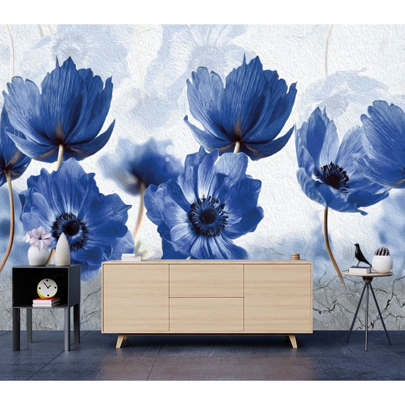 Wallpaper Murals Peel and Stick Removable Blue Floral Oil Painting Design High Quality