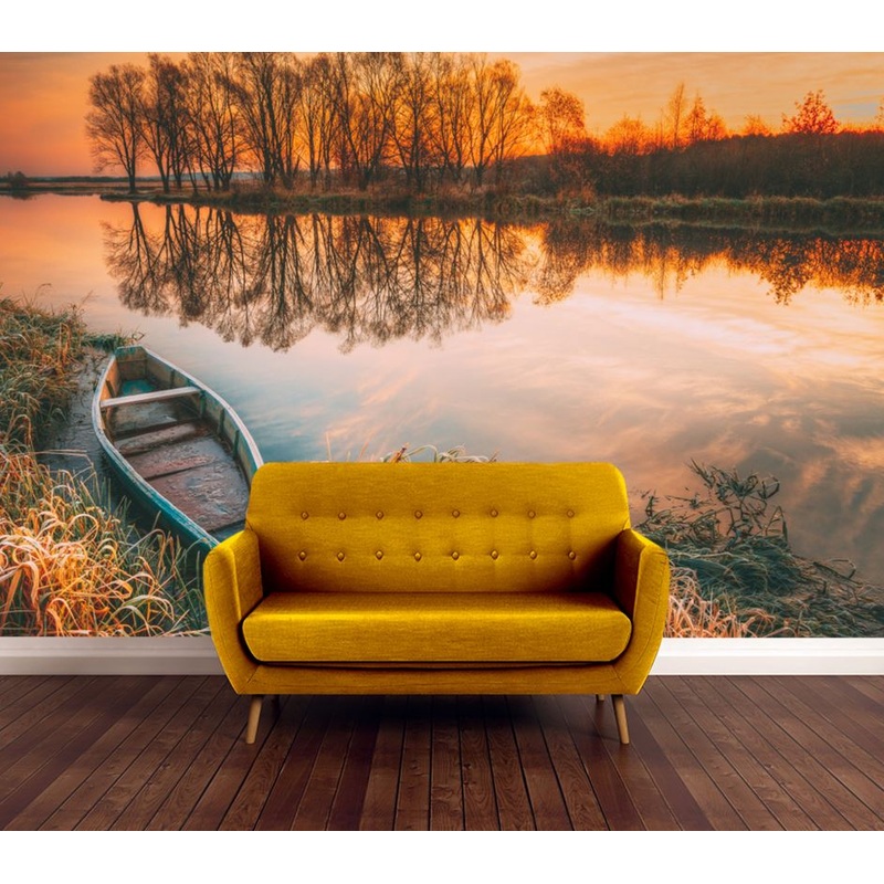 Wallpaper Murals Peel and Stick Removable Boat on Stunning Lake Scenery High Quality