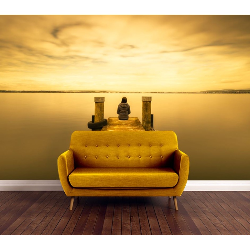 Wallpaper Murals Peel and Stick Removable Girl on Wooden Pier at Sunset High Quality