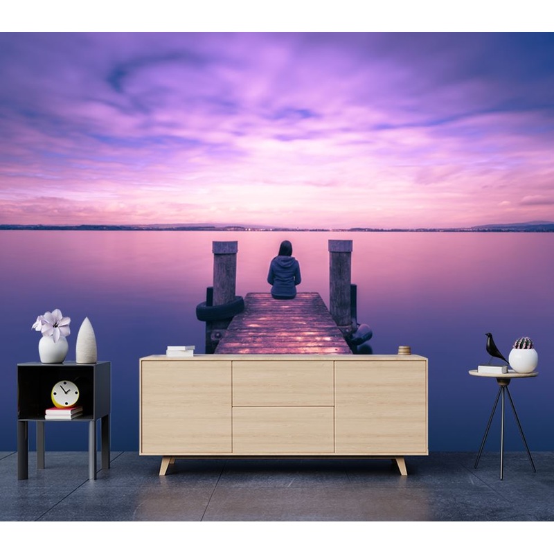 Wallpaper Murals Peel and Stick Removable Girl Sitting on Wooden Pier High Quality