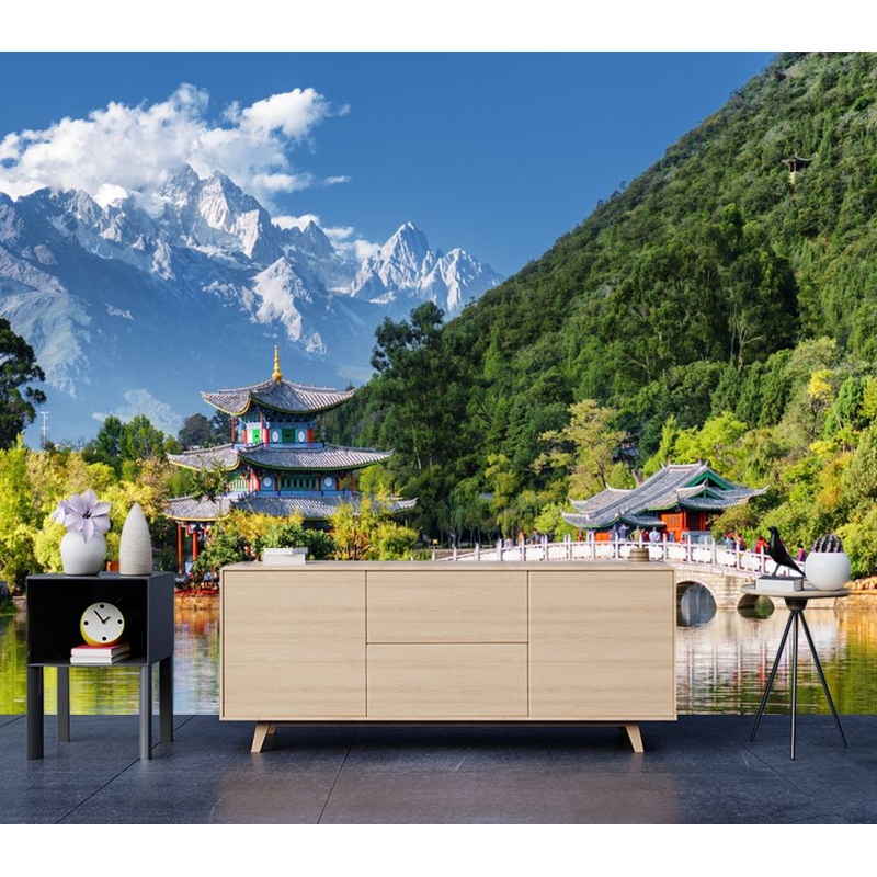 Wallpaper Murals Peel and Stick Removable The Suocui Bridge Over Pond Jade Dragon Snow Mountain View Photograph High Quality