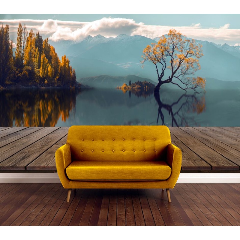 Wallpaper Murals Peel and Stick Removable Wood display shelf on Reflection lone Tree in Lake Wanaka New Zealand High Quality