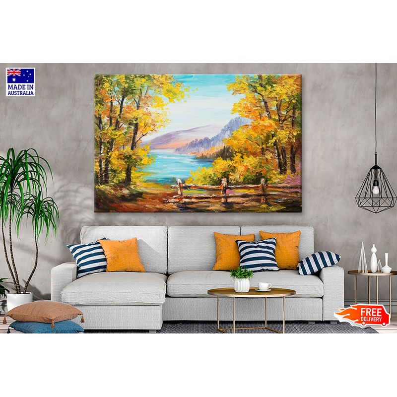 Autumn Forest & Mountain Lake Watercolor Painting Wall Art Limited Edition High Quality Print
