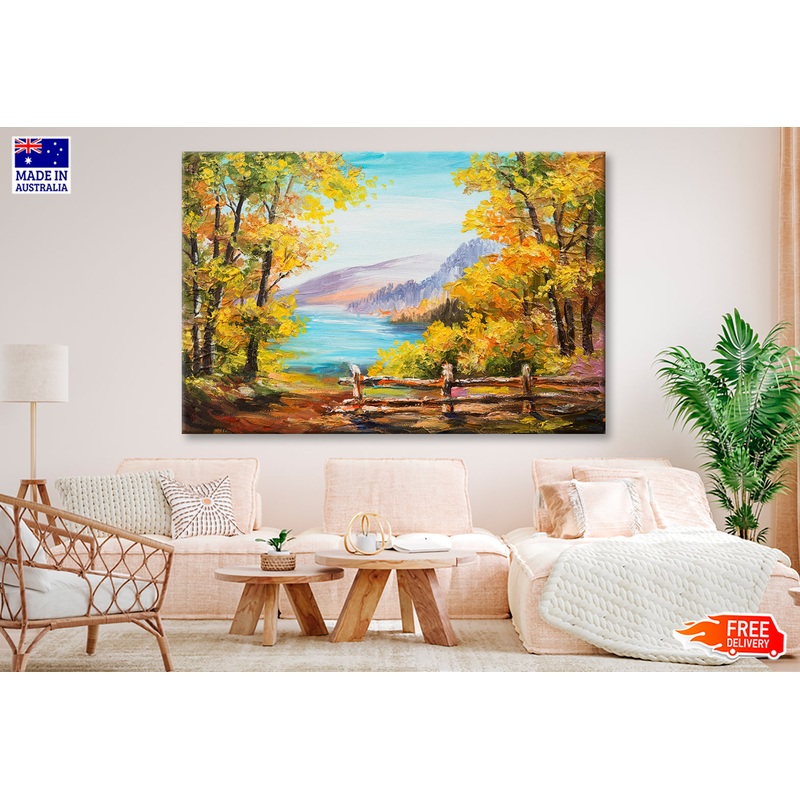Autumn Forest near Mountain Lake Watercolor Painting Wall Art Limited Edition High Quality Print