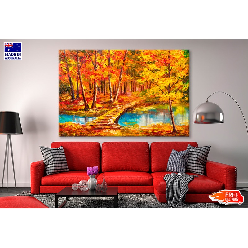 Autumn Forest Near The River, Orange Leaves Oil Painting Limited Edition High Quality Print