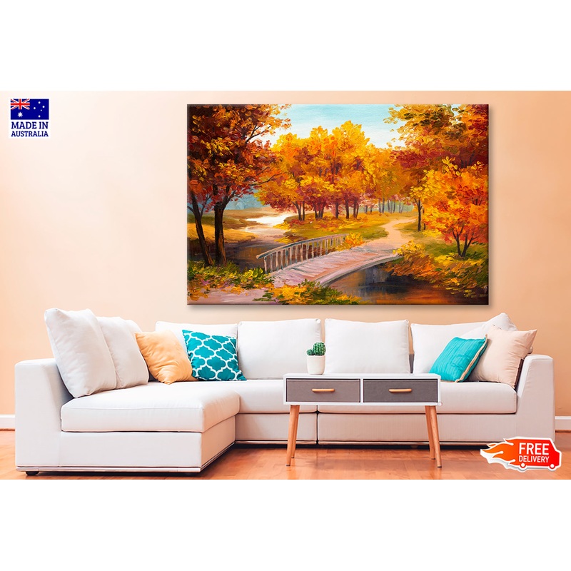 Autumn Forest With A River & Bridge Over The River Painting Wall Art Limited Edition High Quality Print