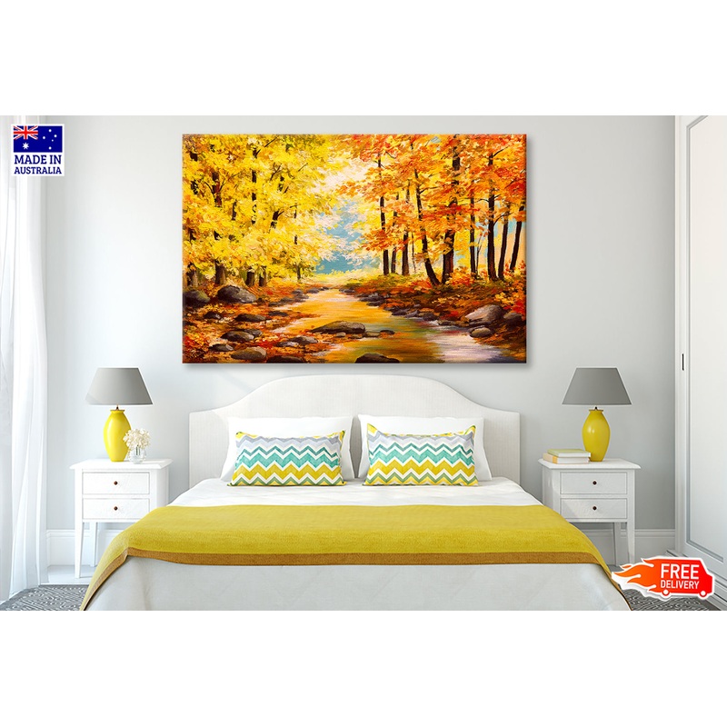 Autumn Trees In Forest With River Oil Painting Wall Art Limited Edition High Quality Print