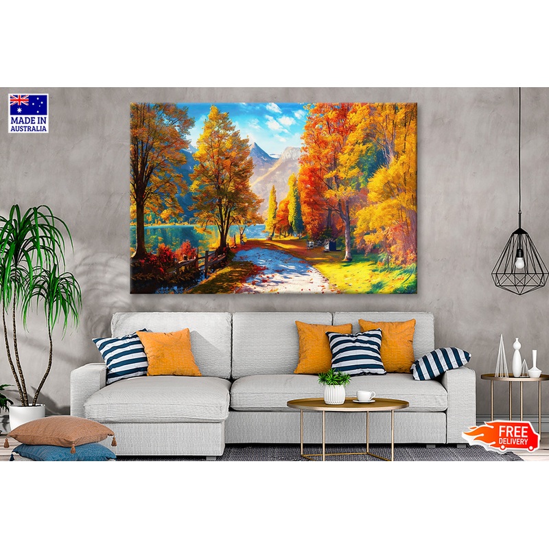 Autumn Trees near Lake & Mountains Oil Painting Wall Art Limited Edition High Quality Print