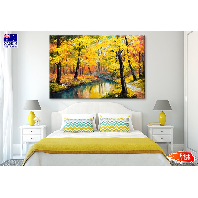 Autumn Trees With Lake In Forest Oil Painting Wall Art Limited Edition High Quality Print