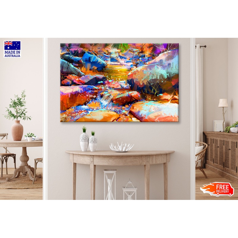 Beautiful Waterfall With Colorful Stones In Autumn Forest Oil Painting Wall Art Limited Edition High Quality Print
