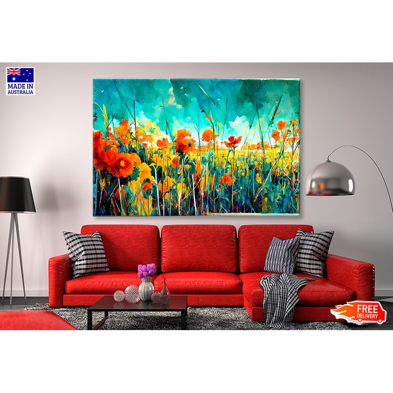 Blue Sky Green, Red & Orange Flowers Oil Painting Wall Art Limited Edition High Quality Print