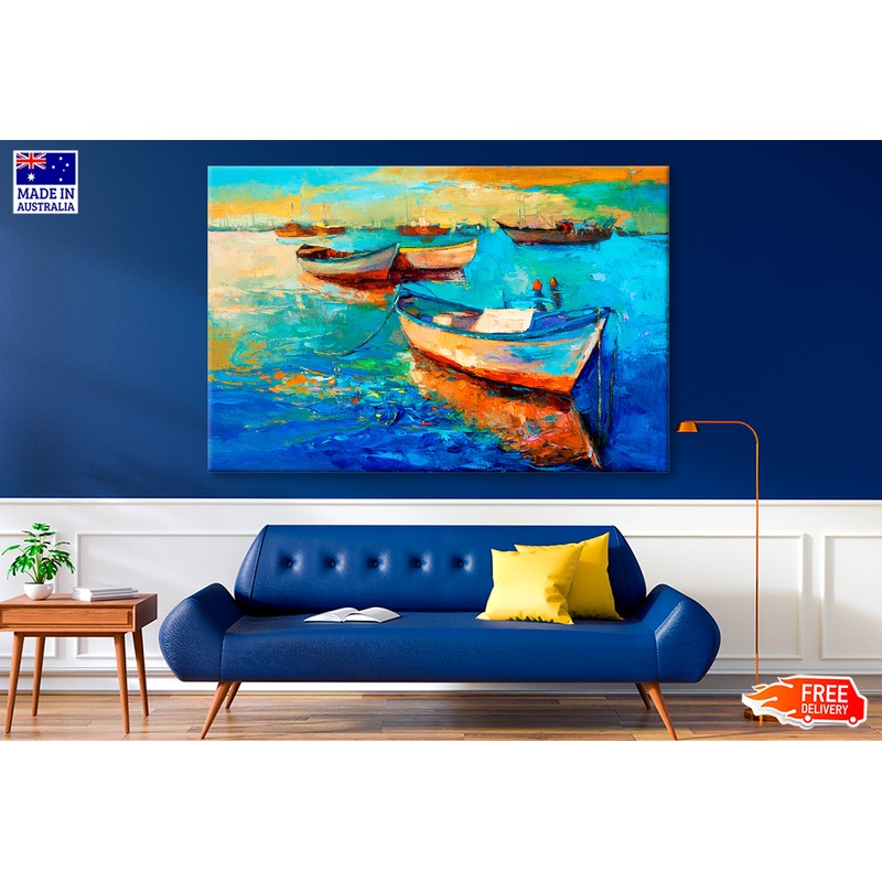 Boats On Sea & Sunset Over The Sea Painting Wall Art Limited Edition High Quality Print