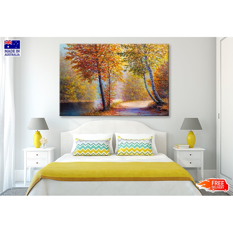 Bright Red Leaves Trees In Autumn Forest & River Oil Painting Wall Art Limited Edition High Quality Print