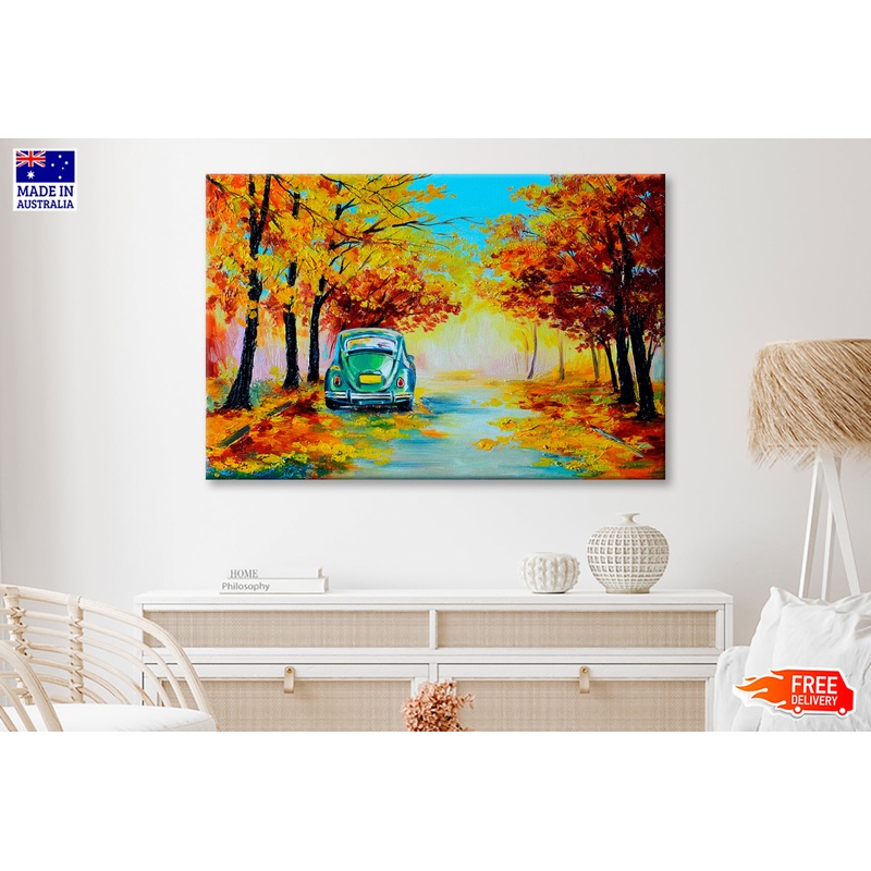 Car In The Colorful Autumn Forest Road Wall Art Limited Edition High Quality Print