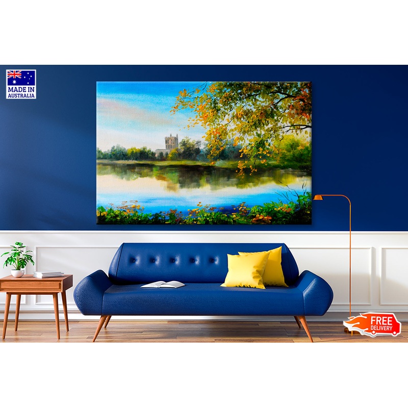 Castle Near Lake, Tree Over The Water Oil Painting Wall Art Limited Edition High Quality Print