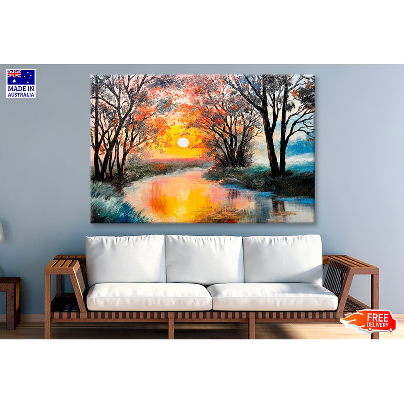 The River In Autumn Forest & Sunset Painting Wall Art Limited Edition High Quality Print