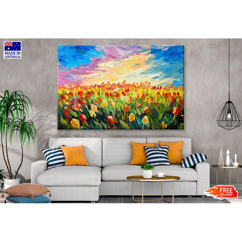 Tulips Flower Field under Sunrise Sky Oil Painting Wall Art Limited Edition High Quality Print