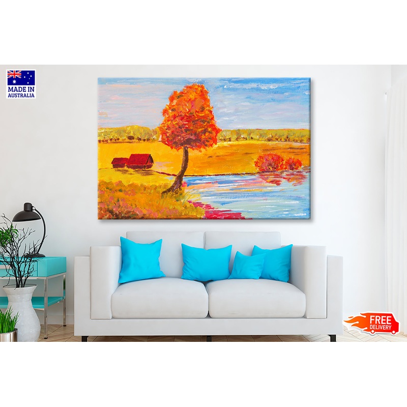 Village Houses & Tree with River Oil Painting Wall Art Limited Edition High Quality Print