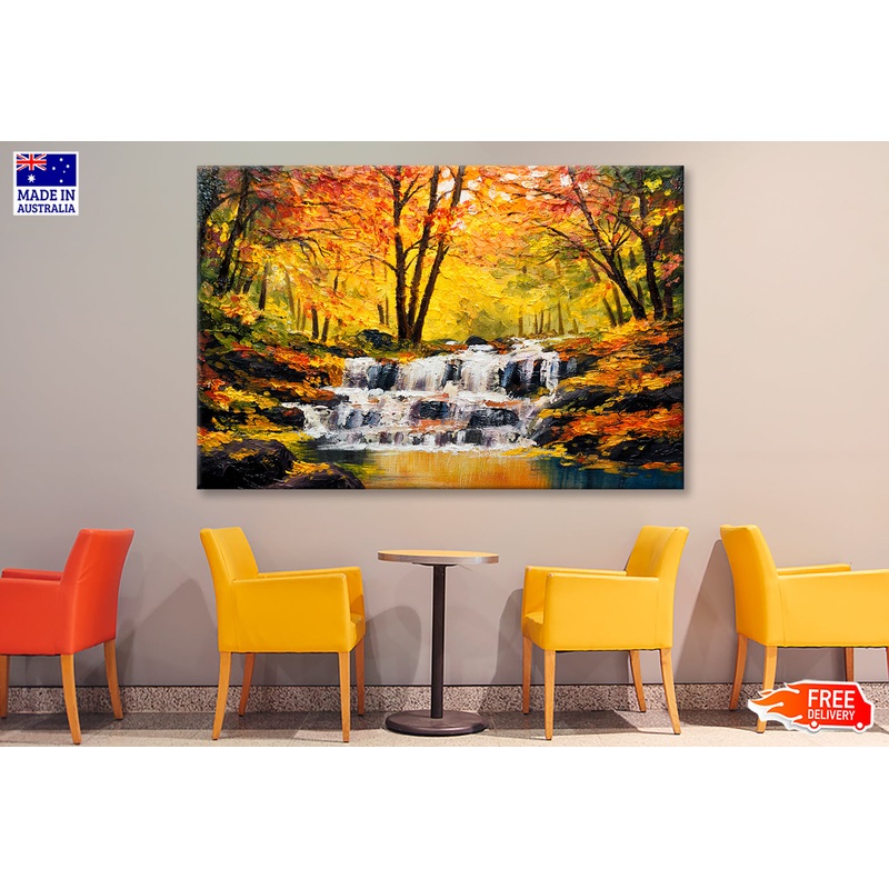 Waterfall In Autumn Forest Oil Painting Wall Art Limited Edition High Quality Print