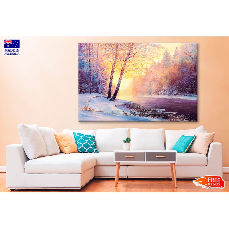 Winter Forest & A River Covered In Snow At Sunset Oil Painting Wall Art Limited Edition High Quality Print