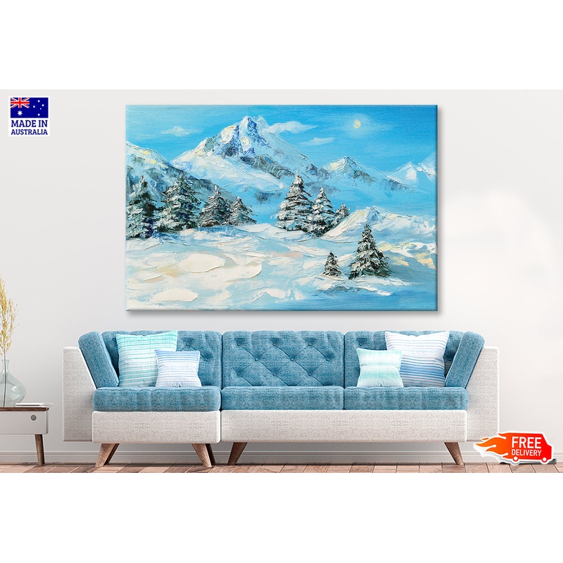 Winter Mountain Landscape & Snow Coverd Trees Oil Painting Wall Art Limited Edition High Quality Print