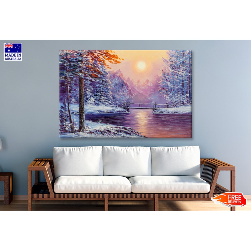 Winter Season River & Bridge Painting Limited Edition High Quality Print
