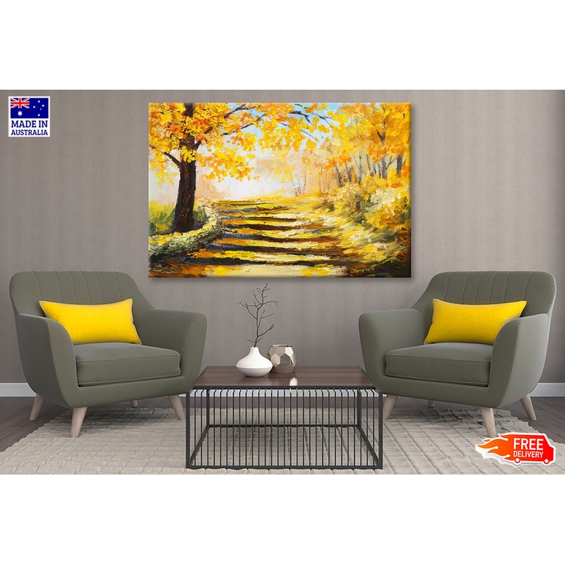 Yellow Autumn Trees & Pathway Oil Painting Wall Art Limited Edition High Quality Print