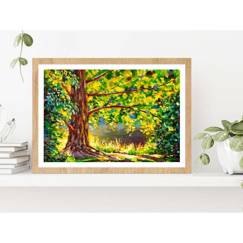 A Large Tree Lit By Sun & Sunny Forest Glass Framed Wall Art, Ready to Hang Quality Print