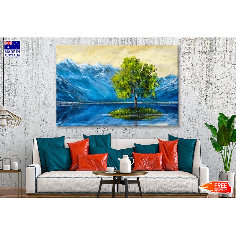 Alone Tree on Lake & Mountains Oil Painting Wall Art Limited Edition High Quality Print