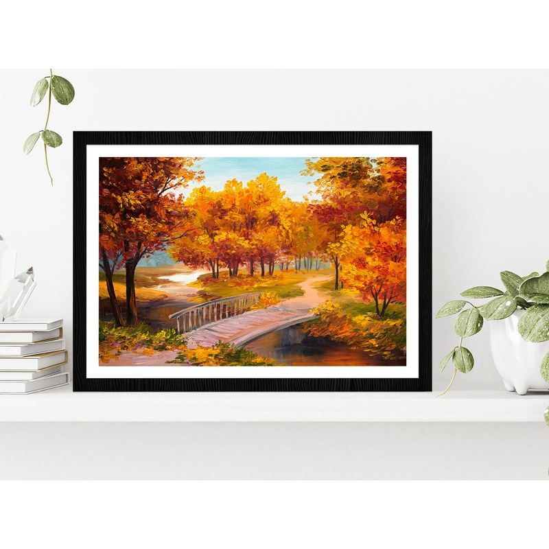 Autumn Forest With A River & Bridge Over The River Painting Glass Framed Wall Art, Ready to Hang Quality Print