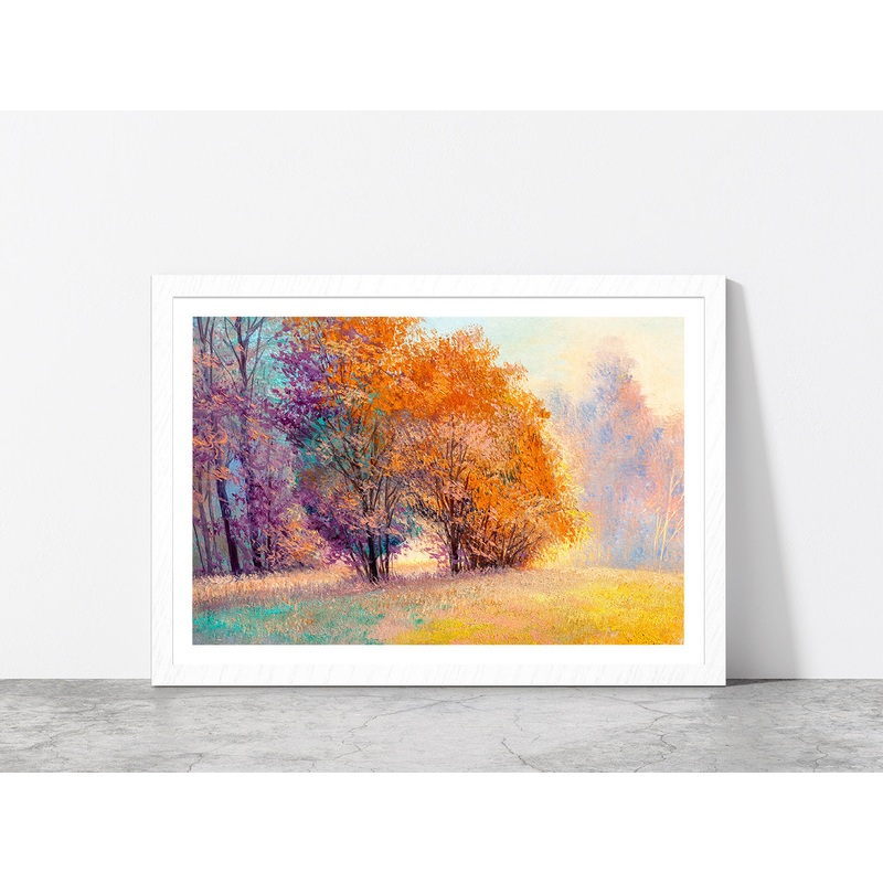 Autumn Forest With Orange Leaves Trees Glass Framed Wall Art, Ready to Hang Quality Print